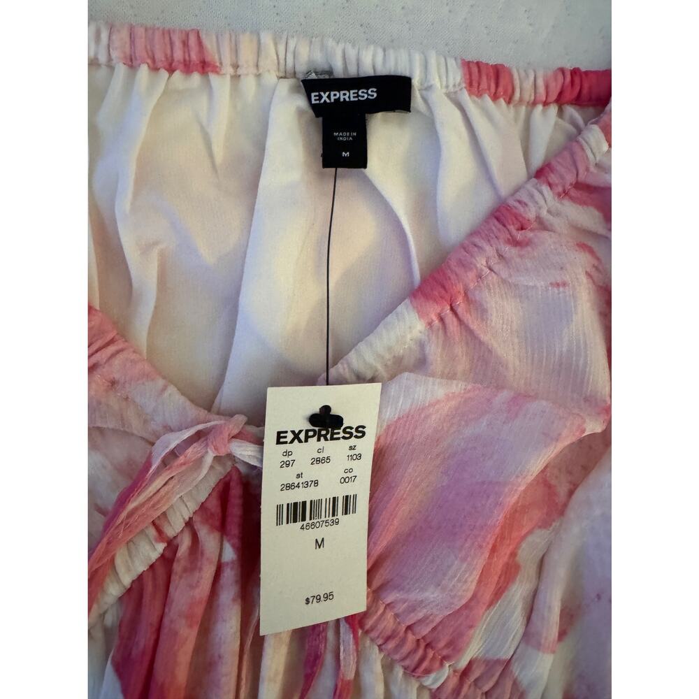 EXPRESS Women's Medium Blouse Tie-Dye Floral Watercolor White Pink